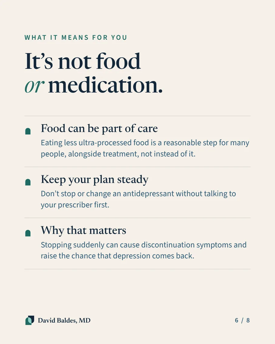 Sand-colored slide titled "What it means for you: It's not food or medication." Three points. Food can be part of care: eating less ultra-processed food is a reasonable step for many people, alongside treatment, not instead of it. Keep your plan steady: don't stop or change an antidepressant without talking to your prescriber first. Why that matters: stopping suddenly can cause discontinuation symptoms and raise the chance that depression comes back.