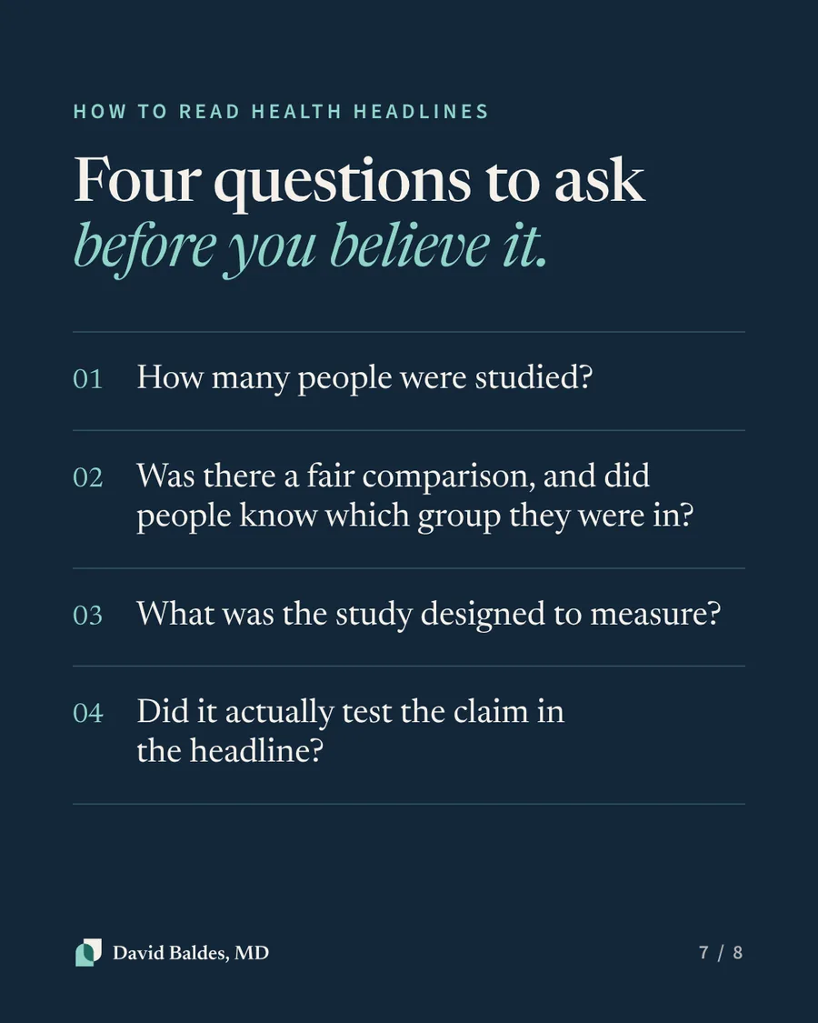 Navy slide titled "How to read health headlines: Four questions to ask before you believe it." 1. How many people were studied? 2. Was there a fair comparison, and did people know which group they were in? 3. What was the study designed to measure? 4. Did it actually test the claim in the headline?