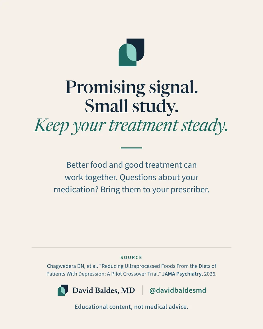 Sand-colored closing slide with the Common Ground logo mark. Headline: "Promising signal. Small study. Keep your treatment steady." Subtext: "Better food and good treatment can work together. Questions about your medication? Bring them to your prescriber." Source: Chagwedera DN, et al. "Reducing Ultraprocessed Foods From the Diets of Patients With Depression: A Pilot Crossover Trial." JAMA Psychiatry, 2026. David Baldes, MD logo with the Instagram handle "@davidbaldesmd" beside it, and "Educational content, not medical advice."