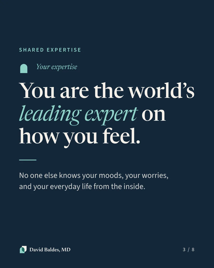 Navy background. Label: "Shared expertise. Your expertise." Large heading: "You are the world's leading expert on how you feel." Below: "No one else knows your moods, your worries, and your everyday life from the inside."