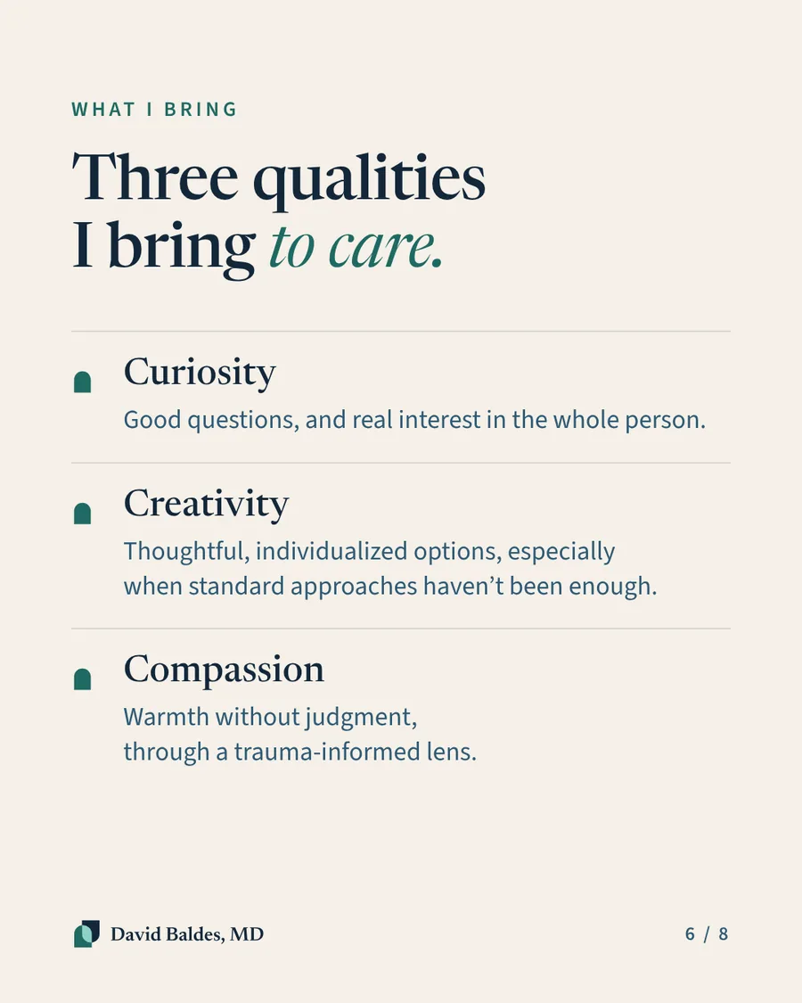 Sand background. Heading: "What I bring. Three qualities I bring to care." Curiosity: Good questions, and real interest in the whole person. Creativity: Thoughtful, individualized options, especially when standard approaches haven't been enough. Compassion: Warmth without judgment, through a trauma-informed lens.